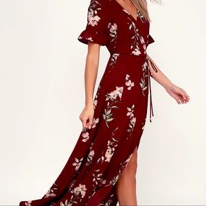 Lulu’s September Sunsets Burgundy Floral Print Wrap Maxi Dress✨Size: S
